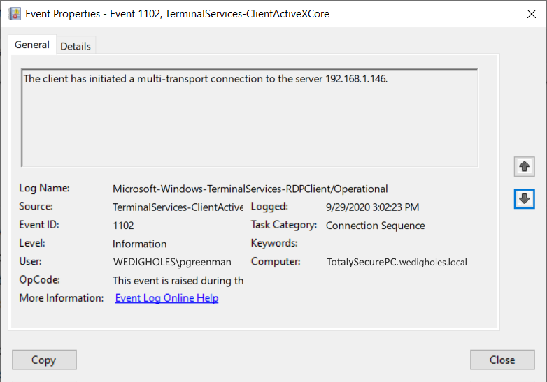 RDP Connection Event 1102