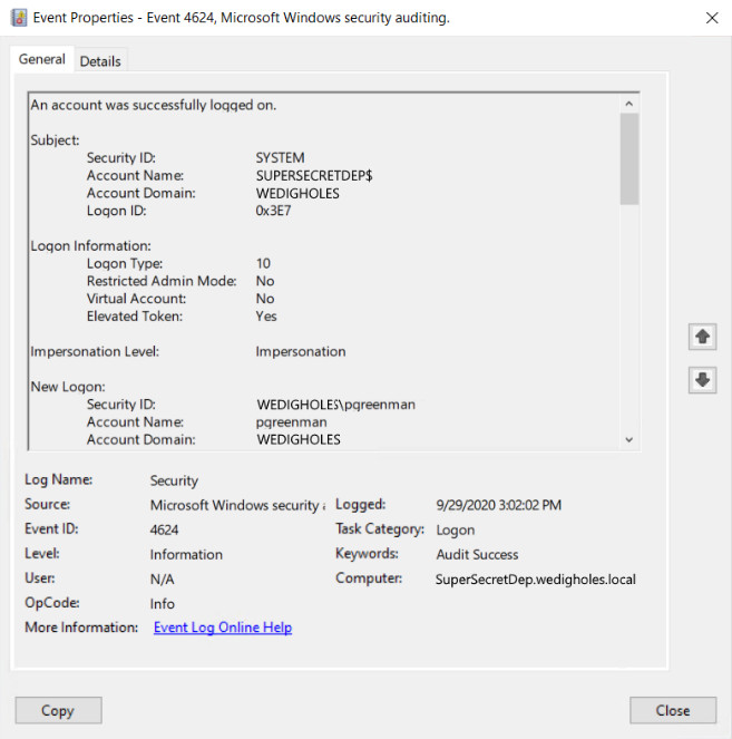RDP Connection Event 4624 type 10