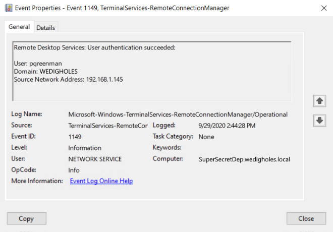 RDP Connection Event 1149
