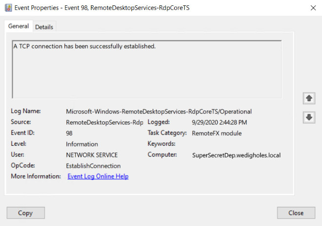 RDP Connection Event 98