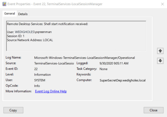 RDP Connection Event 22