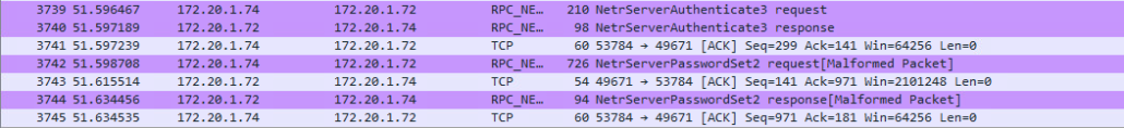 Wireshark capture of second password reset during CVE-2020-1472 exploit