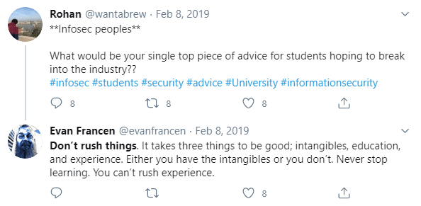 evan francen tweet about getting into security