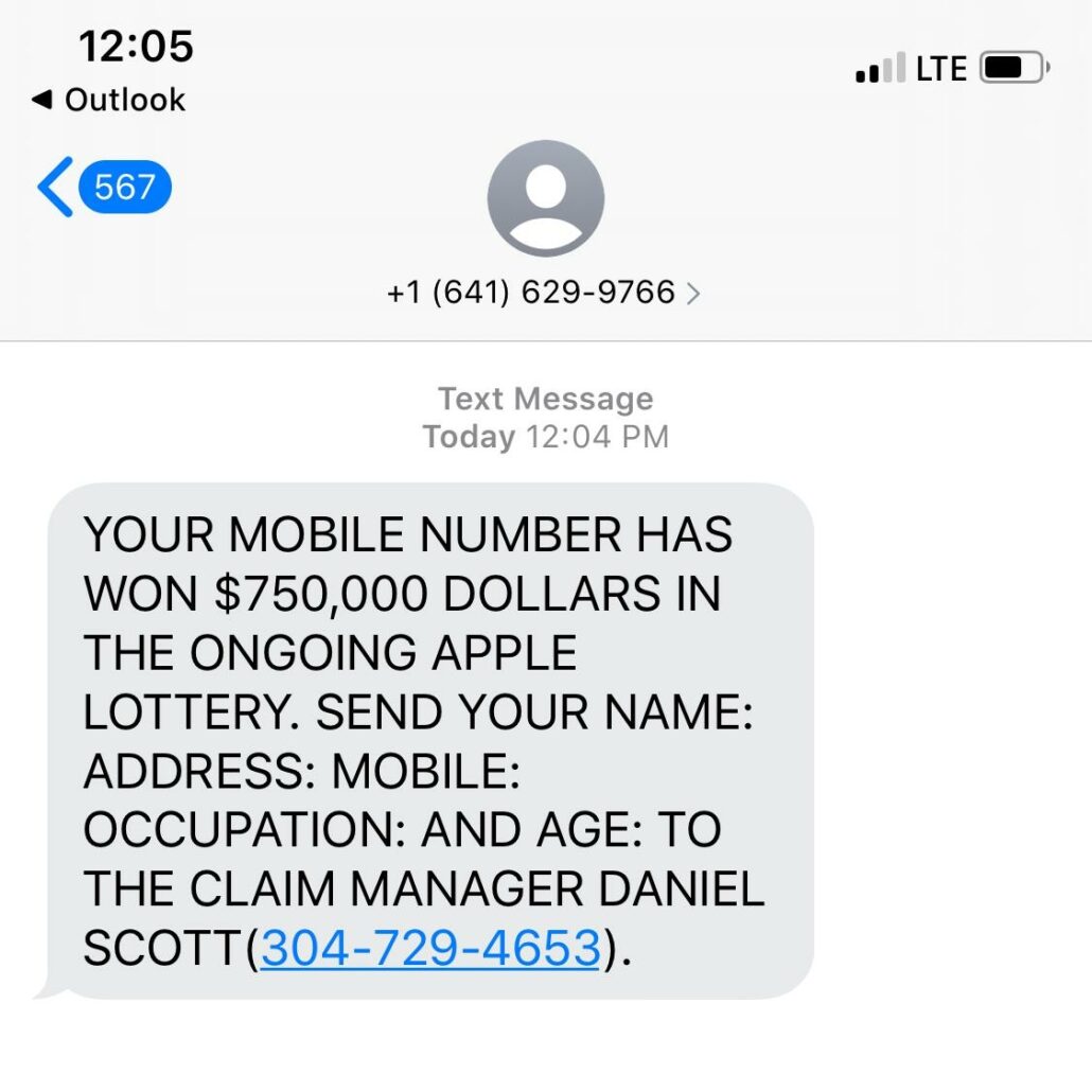 example of a phishing attempt via text message aka smishing