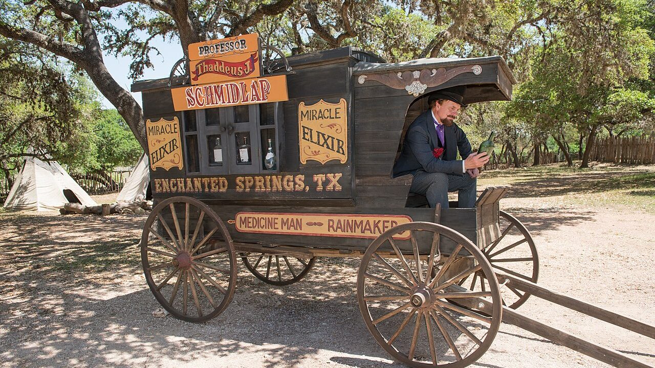 "Professor Thaddeus Schmidlap" (historical intrepreter Ross Nelson), the resident snake-oil salesman at the Enchanted Springs Ranch and Old West theme park, special-events venue, and frequent movie and television-commercial set in Boerne, Texas, northwest of San Antonio.