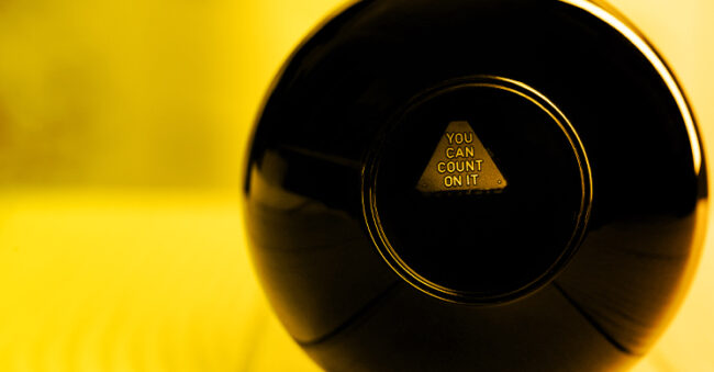 2024 Cybersecurity Trends blog header—a two-toned yellow image of a magic 8 ball that says "you can count on it"