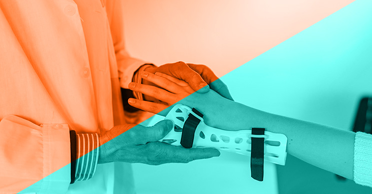 two tone image of a doctor putting a splint on the arm of a young person to symbolize healthcare and patient data
