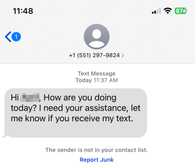 Sample text message scam with the text message reading "how are you doing today? I need your assistance, let me know if you receive my text" as tips for cybersecurity for older adults