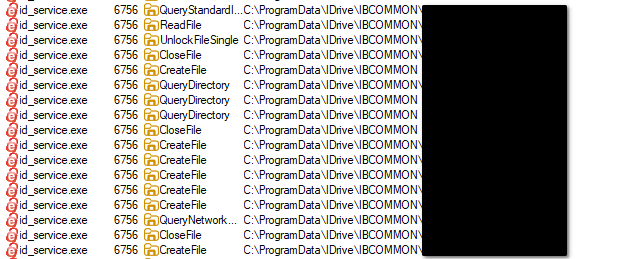 CVE-2026-1995 execution. Screenshot of a system process monitoring tool displaying multiple instances of "id_service.exe" with process ID 6756. Each row shows different file operations, such as QueryStandardInformationFile, ReadFile, UnlockFileSingle, CreateFile, QueryDirectory, CloseFile, and QueryNetworkOpenInformation, all accessing the directory path "C:\ProgramData\IDrive\IBCOMMON".