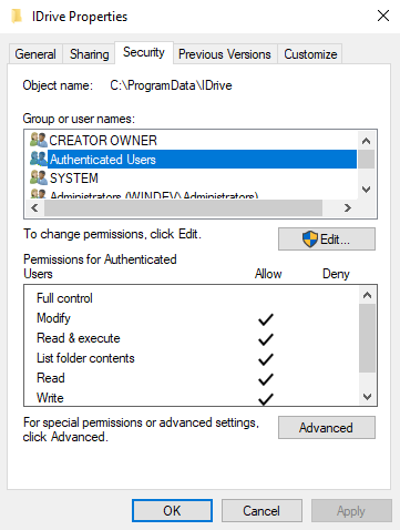 CVE-2026-1995 execution. Screenshot of the IDrive properties security tab showing permissions for "Authenticated Users" on folder path C:\ProgramData\IDrive. Permissions include Full control, Modify, Read & execute, List folder contents, Read, and Write, all marked as allowed with checkmarks, alongside buttons for Edit and Advanced settings.