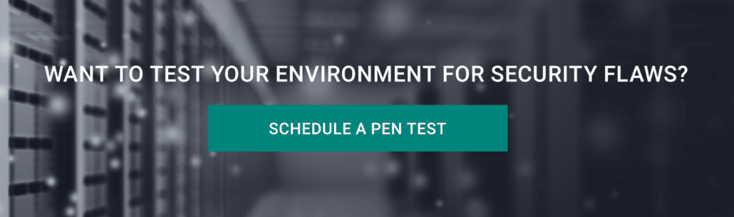 Call to action photo including a grayscale blurred photo of a server room with white text overlaying stating "want to test your environment for security flaws?" and a teal button that reads "schedule a pen test."